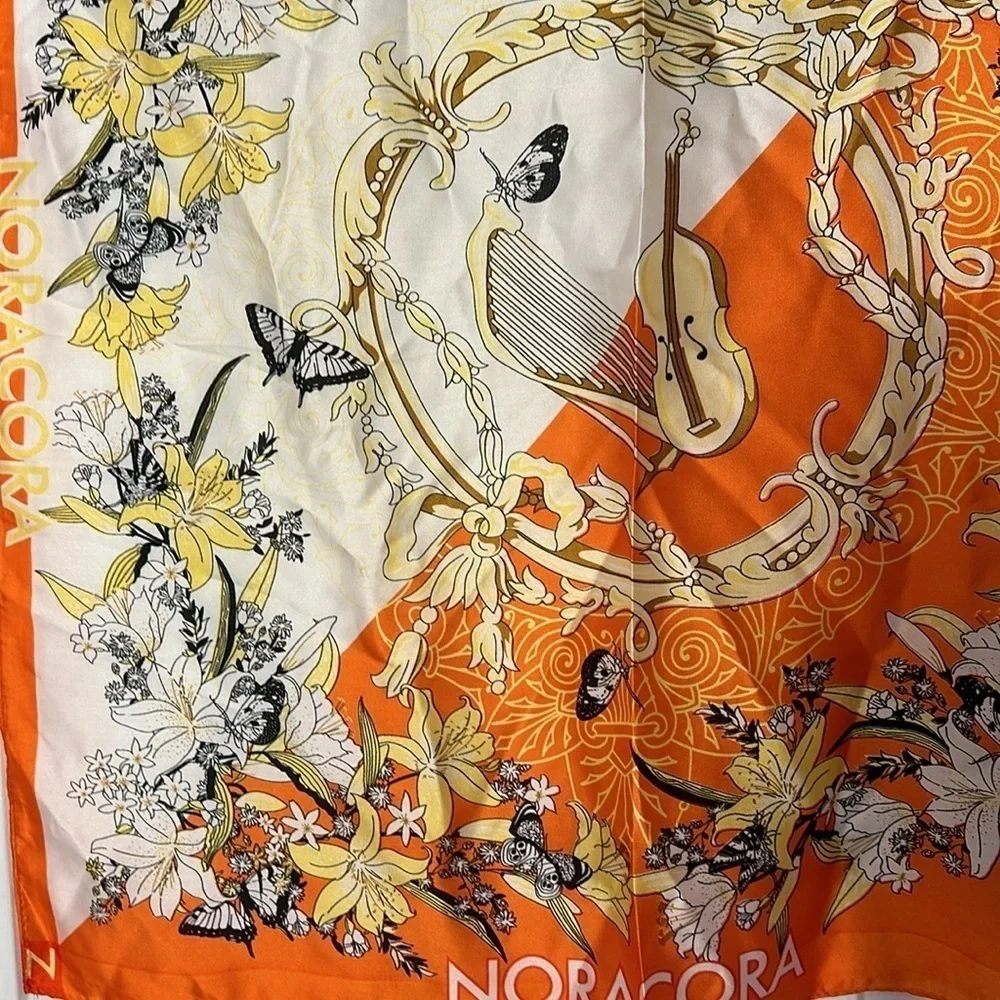 Vintage NORACORA Violin, Butterflies Print Orange Silk Square Scarf, 21